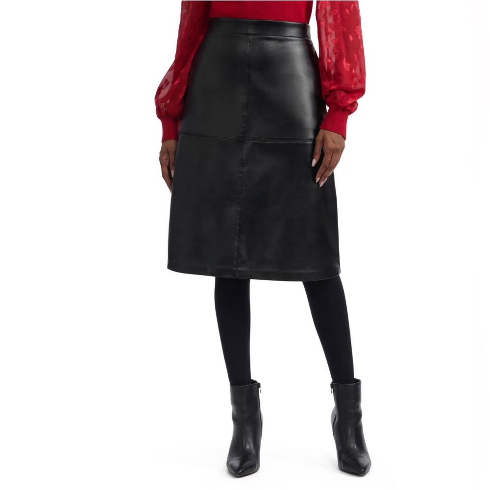 Mexx Midi Faux Leather Skirt – Black – Elastic Waist, Flared Fit Medium
